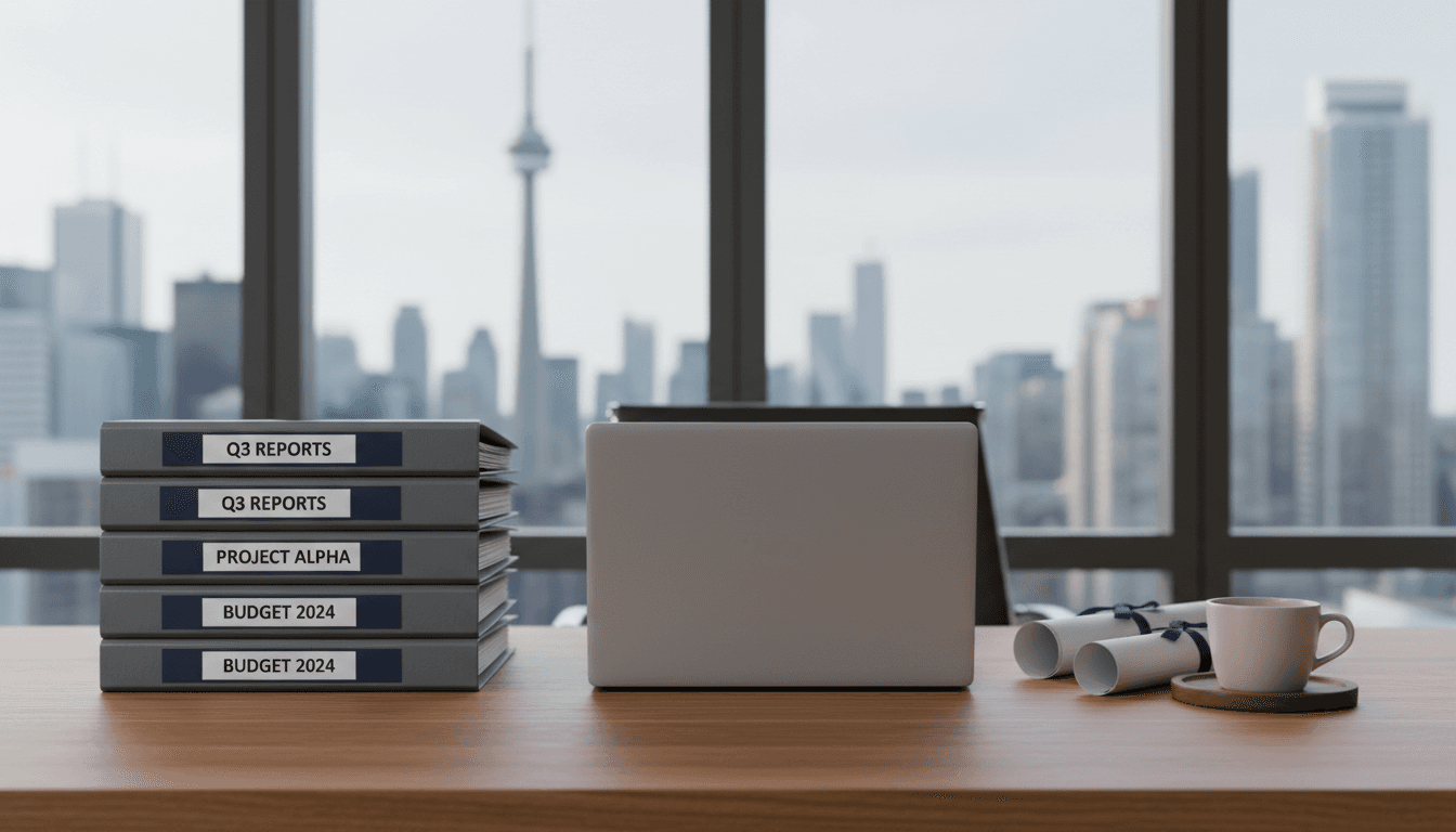 Organized desk with folders and laptop in a bright office