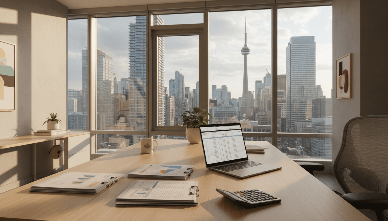 Organized desk with financial documents and laptop in a bright Toronto office