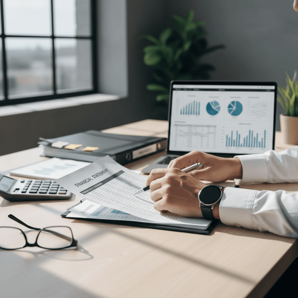 Neatly organized bookkeeping workspace with financial documents and a laptop