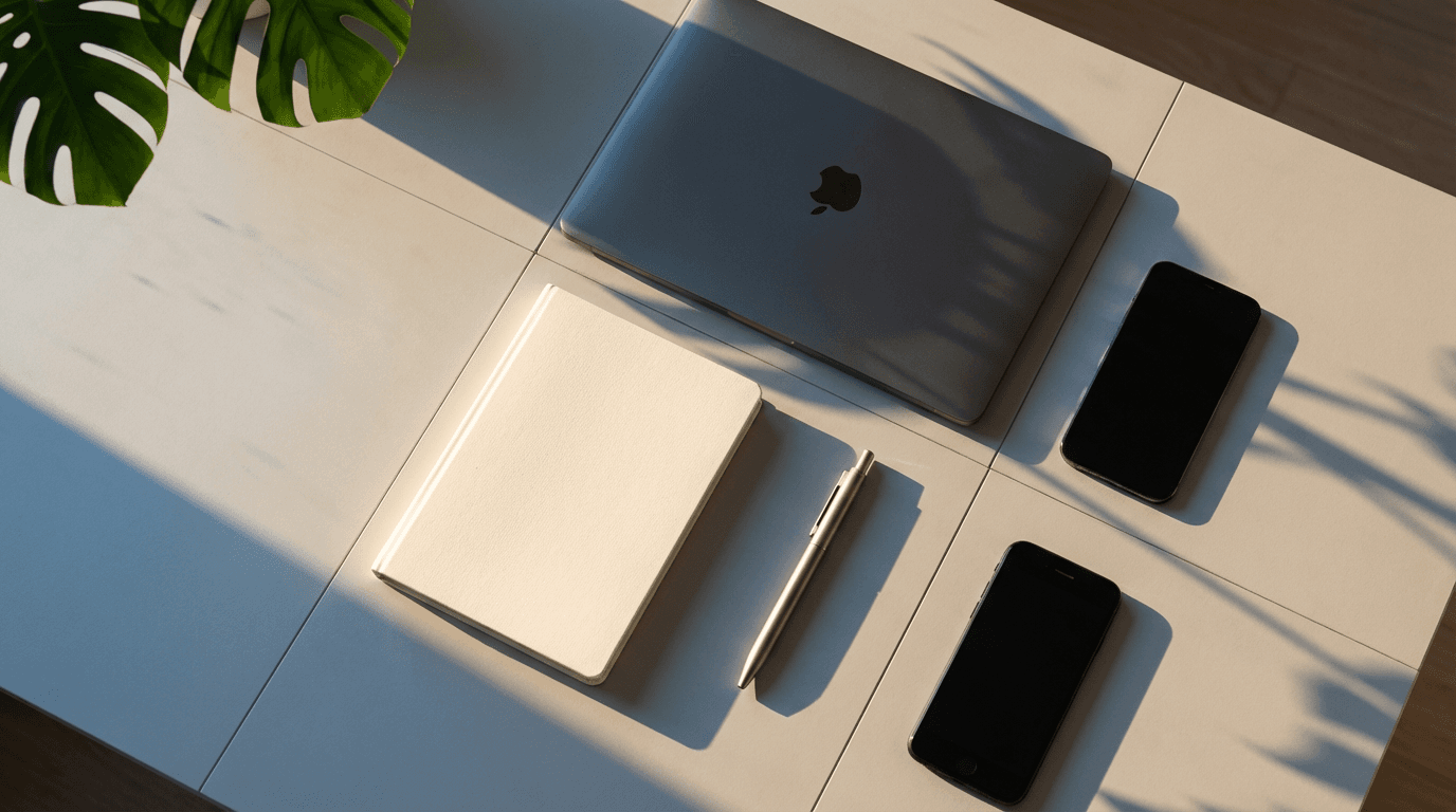 Flat-lay of a desk with a laptop, calculator, and neatly stacked financial papers