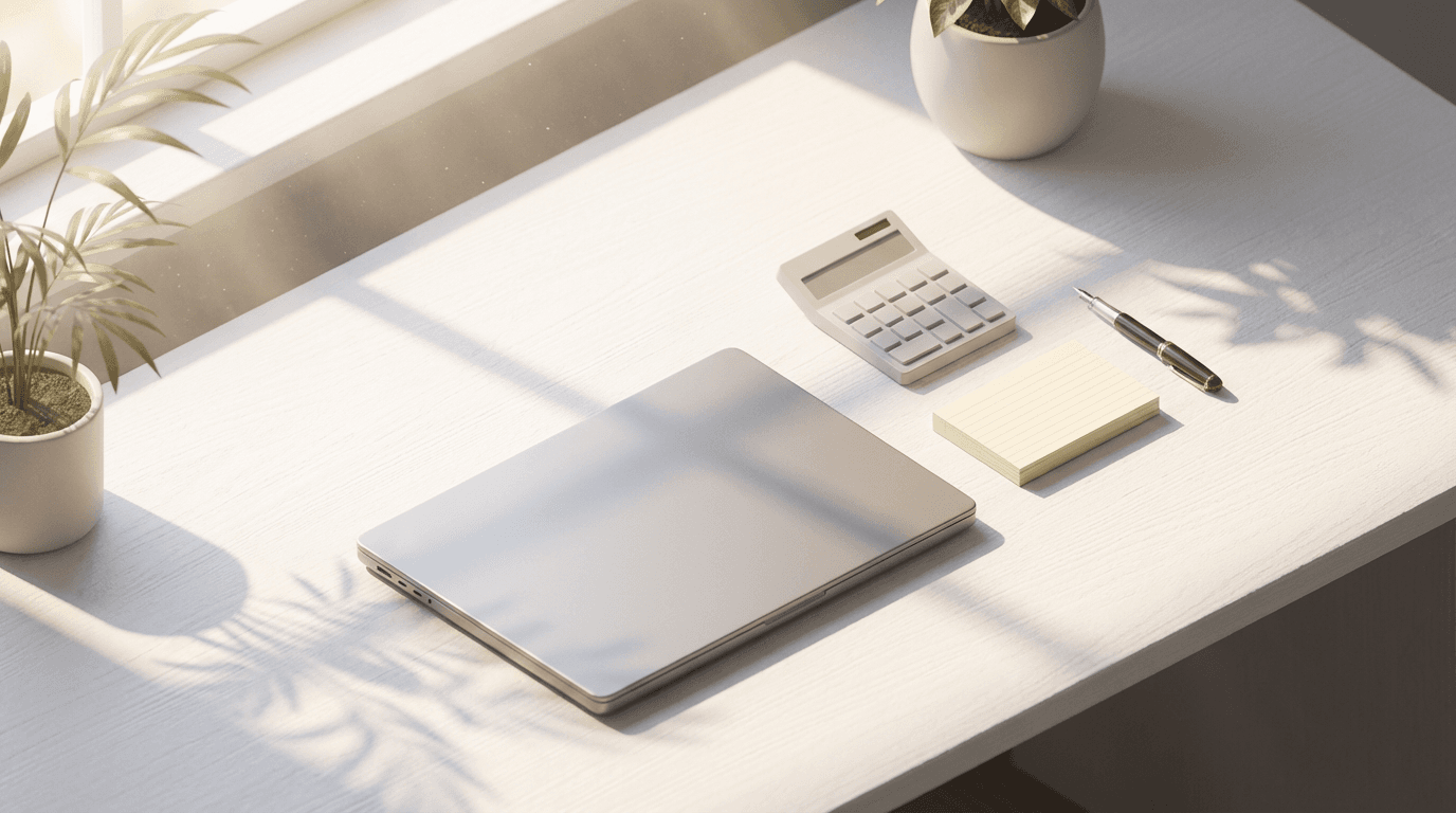 Organized financial documents on a clean desk with a calculator