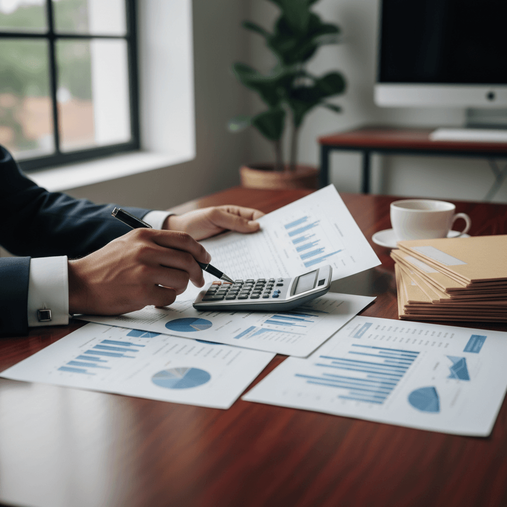 Neatly organized desk with financial documents in a quiet office