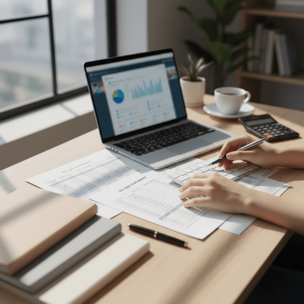 Hands entering financial data on a laptop with sorted receipts nearby