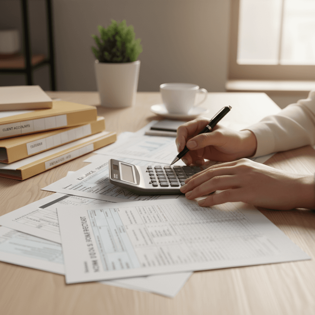 Bookkeeper organizing financial documents and receipts at a desk in a Toronto office